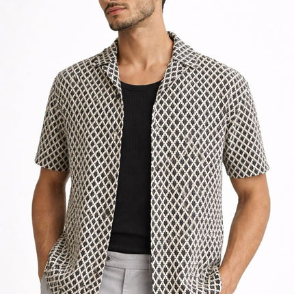Sterling Shirt Cuban Collar Navy White Geometric Crochet - Quality Brands Outlet