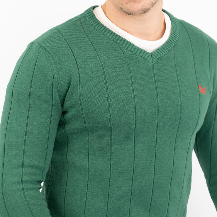 Crew Clothing Mens Jumper Green V-Neck Ribbed Long Sleeve Organic Cotton