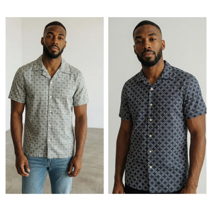 Mens Shirts Short Sleeve Cuban Collar Navy Geo Print - Quality Brands Outlet