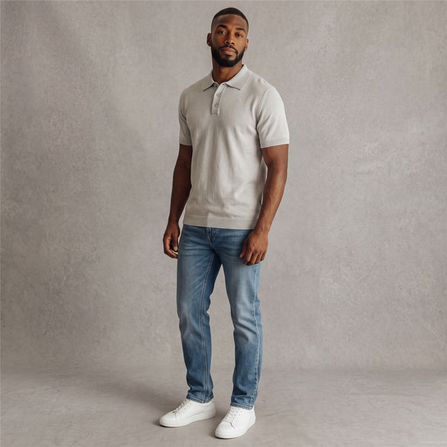 Massimo Dutti Mens Classic Knitted Linen Blend Polo Shirt 3 Button Grey