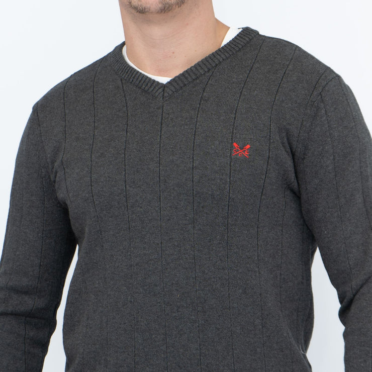 Crew Clothing Mens Jumper Dark Grey V-Neck Ribbed Long Sleeve Organic Cotton