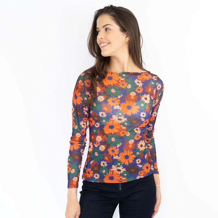 Karen Millen Orange Floral Boat Neck Long Sleeve Tops