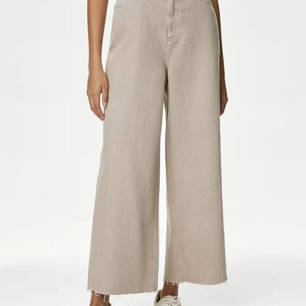 M&S Cropped Jean Wide Leg High Waist Raw Hem Cotton Stone-Quality Brands Outlet-
