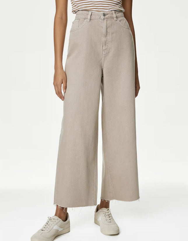 M&S Cropped Jean Wide Leg High Waist Raw Hem Cotton Stone - Quality Brands Outlet