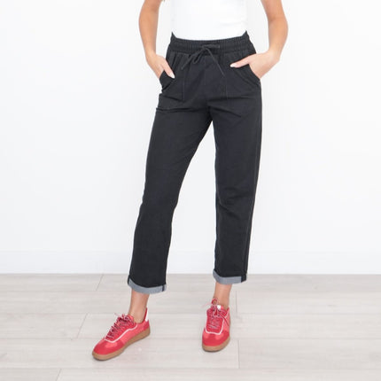 M&S Elasticated Waist Denim Crop Jeans Jogger Black-Quality Brands Outlet-