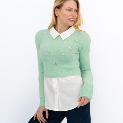 River Island Embellished Fluffy Hybrid Jumper Green Mock Shirt - Quality Brands Outlet