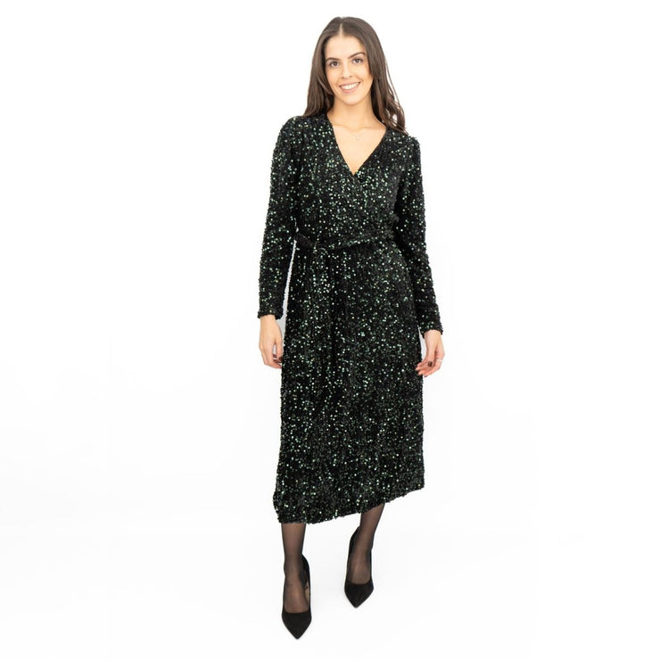 Velvet Sequin Wrap Midi Dress Sparkle Green - Quality Brands Outlet