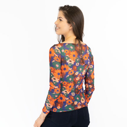 Karen Millen Orange Floral Boat Neck Long Sleeve Tops-Quality Brands Outlet-
