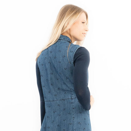 Blue Denim Shirt Dress Sleeveless Collar Button Through Women's Midi Dress-Quality Brands Outlet-
