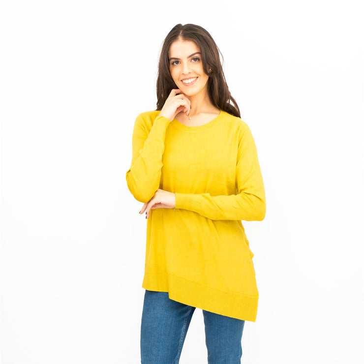 Evans Womens Asymmetric Top Mustard Longline Crew Neck Long Sleeve Relaxed Fit - Quality Brands Outlet