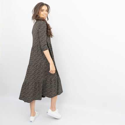 Seasalt Black Ditsy Cotton Strokes Jersey 3/4 Sleeves Knee Length Dresses