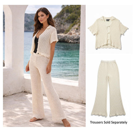 Ivory Crochet Knit Tops Co-Ord Scalloped Hem Short Sleeve Summer-Quality Brands Outlet-