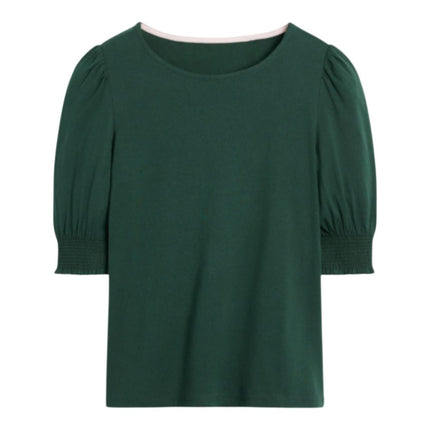 Boden Dark Green Puff Sleeve T-Shirt Cotton Smocked Cuff Casual Summer - Quality Brands Outlet