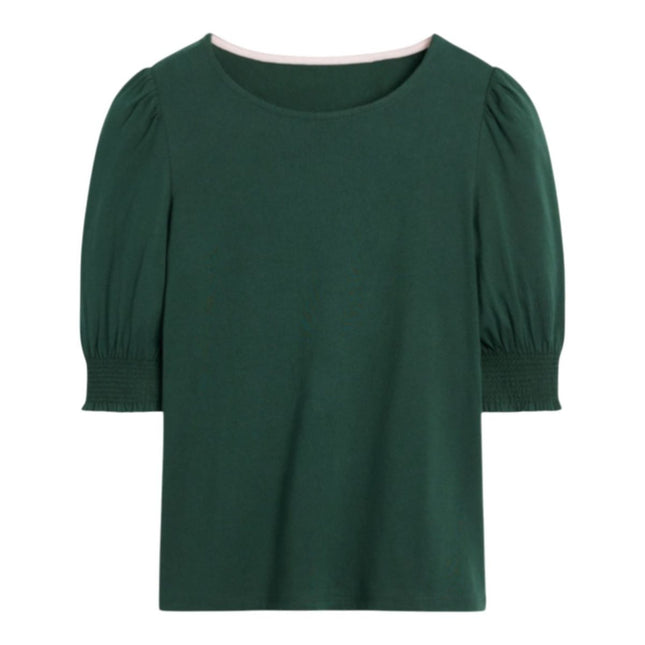 Boden Dark Green Puff Sleeve T-Shirt Cotton Smocked Cuff Casual Summer - Quality Brands Outlet