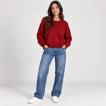 Womens Jumpers Relaxed Fit Crew Neck Knit Tops - Red