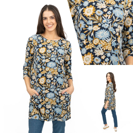 Seasalt Tunic Navy Shore Foraging Longline Top Cotton 3/4 Sleeve-Quality Brands Outlet-