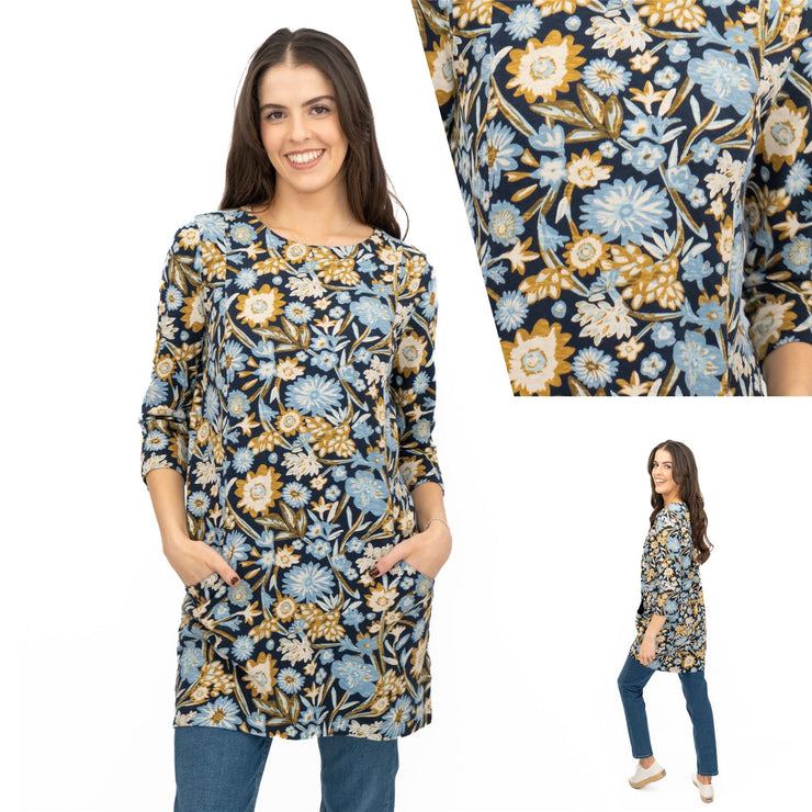Seasalt Tunic Navy Shore Foraging Longline Top Cotton 3/4 Sleeve - Quality Brands Outlet