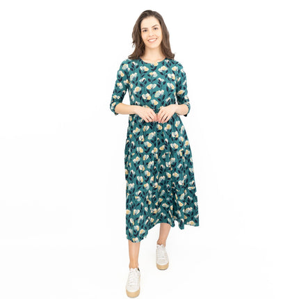 Seasalt Womens Green Floral Jersey Line Strokes 3/4 Sleeves Dress-Quality Brands Outlet-