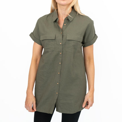 Womens Linen Tunic Khaki Green Short Sleeve Shirts-Quality Brands Outlet-
