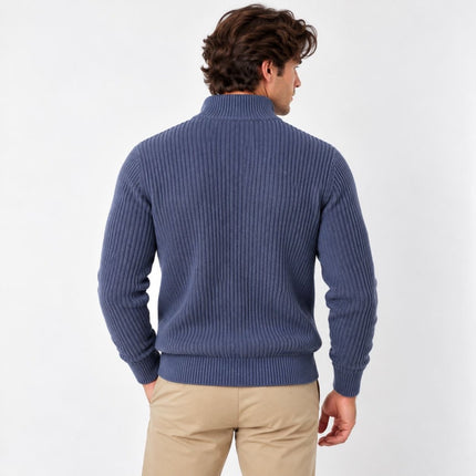 Mens Jumper Fisherman Rib Quarter-Zip – Mid Blue-Quality Brands Outlet-