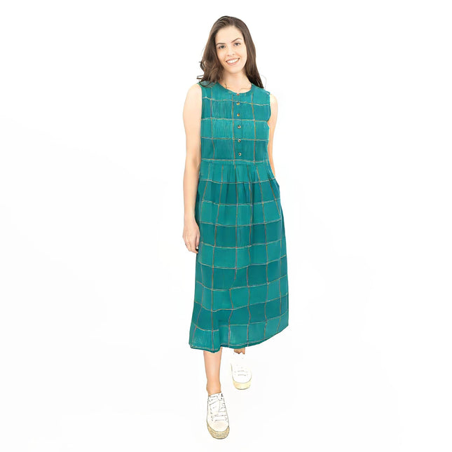 Seasalt Green Check Creek Cottage Midi Dress-Quality Brands Outlet-