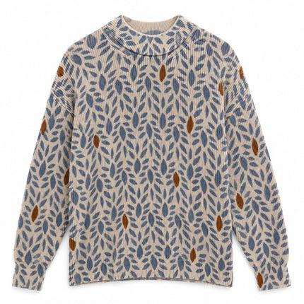 Womens Jumpers Botanical Leaf Print 100% Merino Wool Crew Neck Jumper – Cream Blue Brown-Quality Brands Outlet-