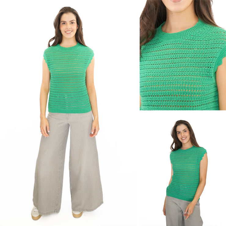 M&S Green Cotton Rich Striped Crochet Top - Quality Brands Outlet