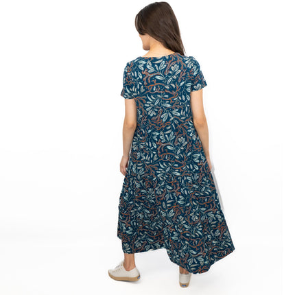 Seasalt Teal Green Line Strokes Floral Short Sleeve Midi Dress-Quality Brands Outlet-