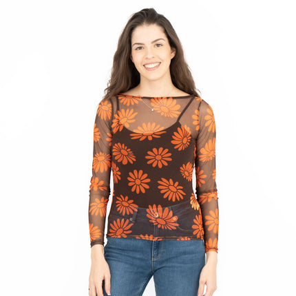Karen Millen Floral Brown & Orange Boat Neck Long Sleeve Mesh Tops-Quality Brands Outlet-