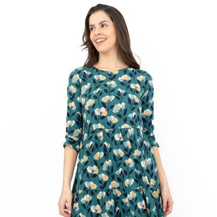 Seasalt Womens Green Floral Jersey Line Strokes 3/4 Sleeves Dress-Quality Brands Outlet-