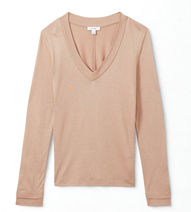 Brady V-Neck Tops Camel Beige Long Sleeve-Quality Brands Outlet-
