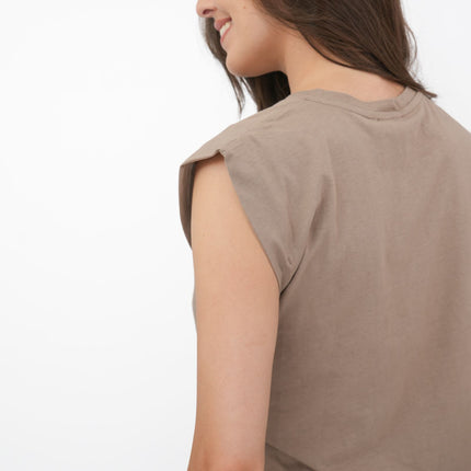 Tilly Drape Cotton Tops Taupe Sleeveless-Quality Brands Outlet-