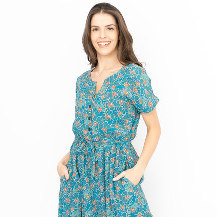 Seasalt Teal True Note Painted Rose Midi Dress-Quality Brands Outlet-