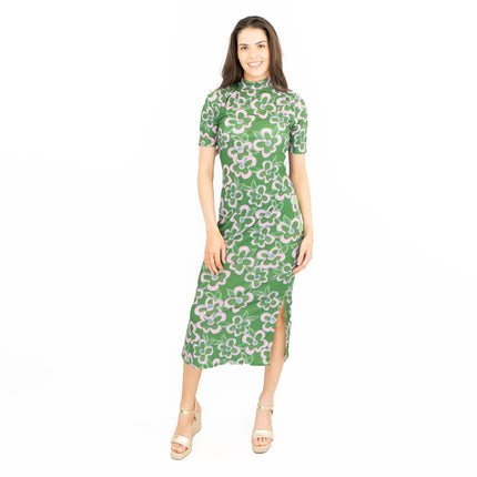 Nasty Gal Green Floral High Neck Short Sleeve Midi Dress-Quality Brands Outlet-