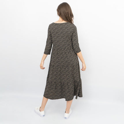 Seasalt Black Ditsy Cotton Strokes Jersey 3/4 Sleeves Knee Length Dresses