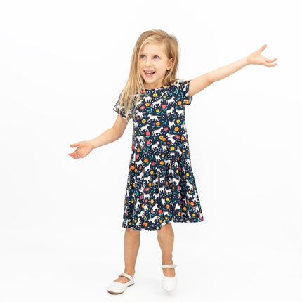 Frugi Baby Girls Dress Skater Indigo Navy Wild Horses Pretty Cotton Short Sleeve - Quality Brands Outlet