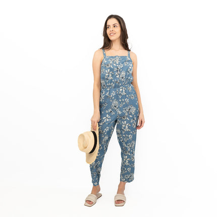 Summer Jumpsuits Blue Floral Print Sleeveless Strappy Crop Leg Elasticated Waist Playsuit