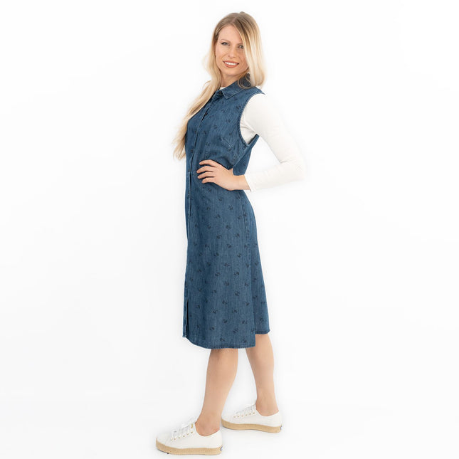 Blue Denim Shirt Dress Sleeveless Collar Button Through Women's Midi Dress-Quality Brands Outlet-