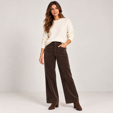 Womens Wide Leg Cord Trousers - Chocolate