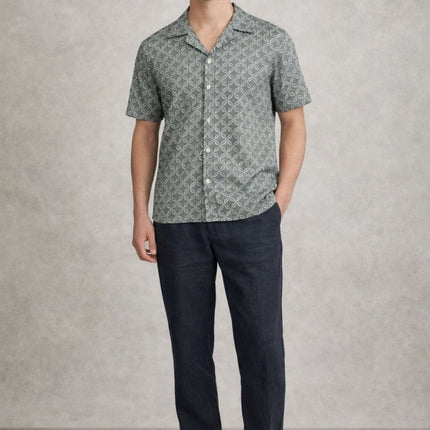 Mens Short Sleeve Shirt Cuban Collar Sage Green Geo Print - Quality Brands Outlet