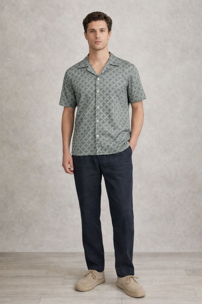 Mens Short Sleeve Shirt Cuban Collar Sage Green Geo Print - Quality Brands Outlet