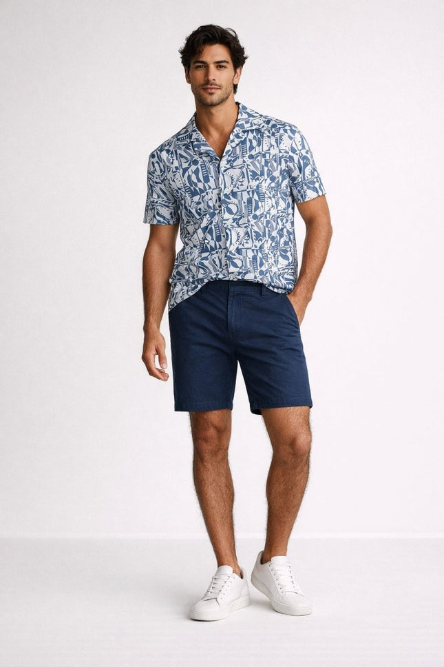 Reiss Abstract Print Blue Shirt Camp Collar Short Sleeve Summer Resort - Quality Brands Outlet