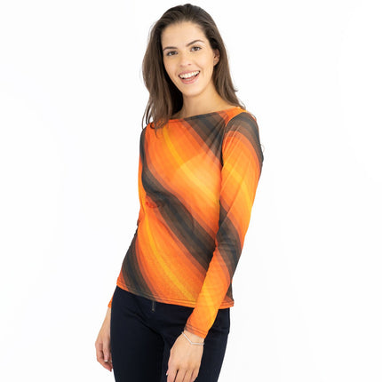Karen Millen Orange Striped Long Sleeve Mesh Tops-Quality Brands Outlet-