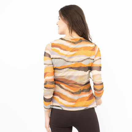 Warehouse Brown Abstract Print Keyhole Long Sleeve Mesh Tops-Quality Brands Outlet-