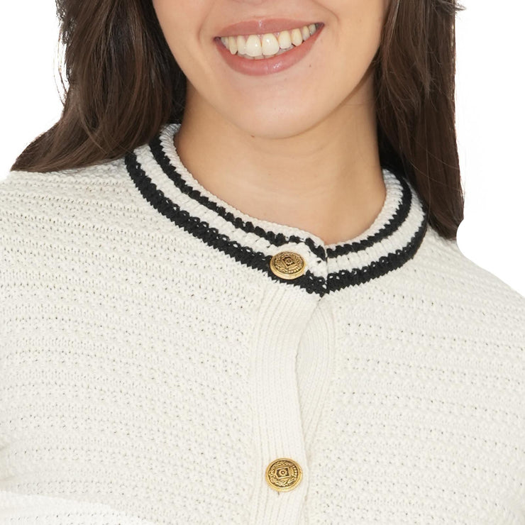 M&S Ivory Gold Button Cardigan Classic Textured Crew Neck - Quality Brands Outlet