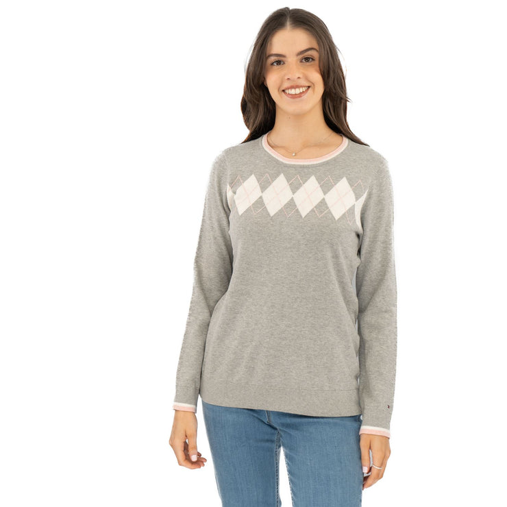 Lucy Argyle Jumper Grey Diamond Intarsia Long Sleeve Tops - Quality Brands Outlet