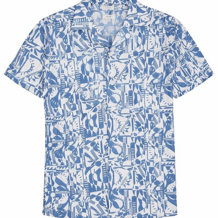 Reiss Abstract Print Blue Shirt Camp Collar Short Sleeve Summer Resort - Quality Brands Outlet