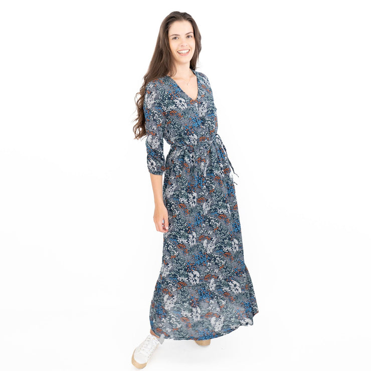 Seasalt Navy Corn Marigold Floral Print 3/4 Sleeve Maxi Dress