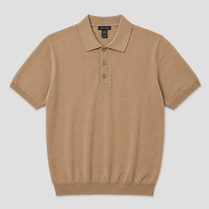 Massimo Dutti Mens Classic Knitted Linen Blend Polo Shirt 3 Button Camel Brown