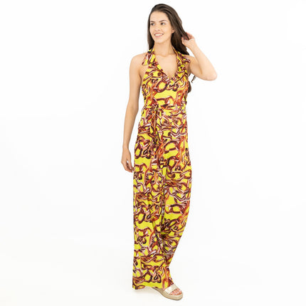 Karen Millen Yellow Gold Chain Print Sleeveless Wide Leg Stretchy Collared Jumpsuits-Quality Brands Outlet-